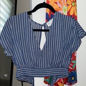 Striped Blue V-Neck Women's Top